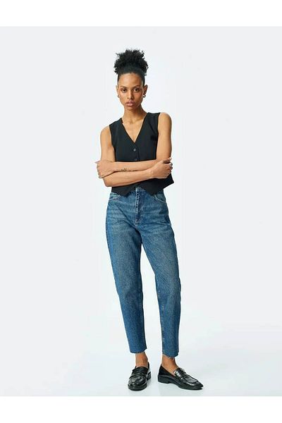 Koton High Waist Dark Indigo Mom Jeans - Comfortable Fit Women Pants 5Sal40046Md