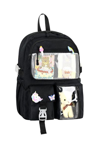 çantamgelsin Kawaii Korean Style School Bag with Accessories Girls and Boys Backpack Black