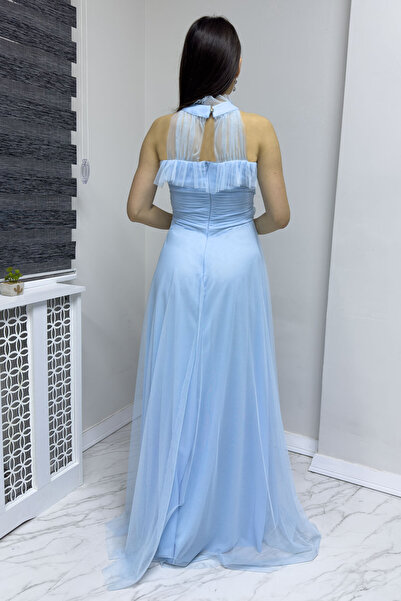 zks grup tekstil Plus Size Draped Evening Dress - Zero Sleeve, Baby Blue