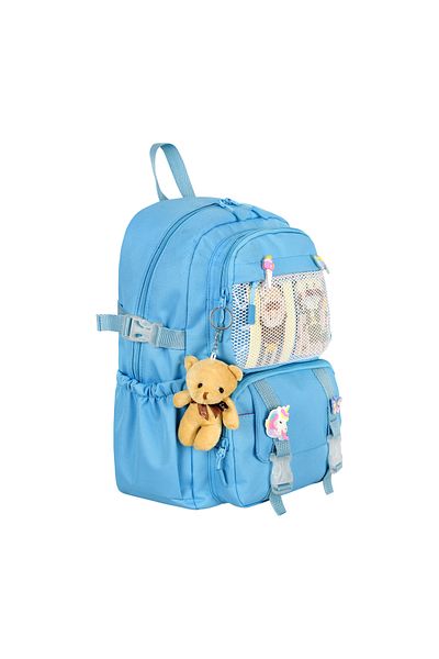Royal Glow Geantă pentru școală primară RoyalGlow Blue - stil coreean nou, cu accesoriu ursuleț Kawaii