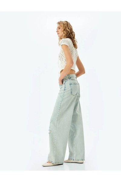 Koton Ice Blue Loose Straight Fit Jean - Γυναικείο τζιν παντελόνι με λεπτομέρεια φθοράς 5sal40008md