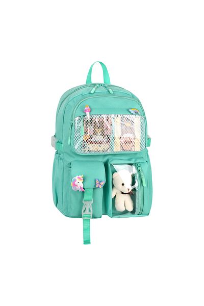 Royal Glow Geantă de școală primară RoyalGlow în stil coreean Kawaii cu ursuleț și accesorii pentru fete și băieți, 3 buzunare, verde apă
