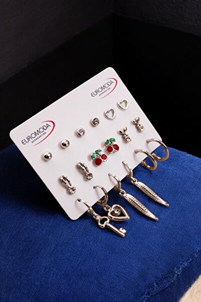 EUROMODA Kalp Anahtar Kiraz Kuş Tüyü Tasarımlı İnci Tektaş Halka ve Top Küpeli 9lu Küpe Seti