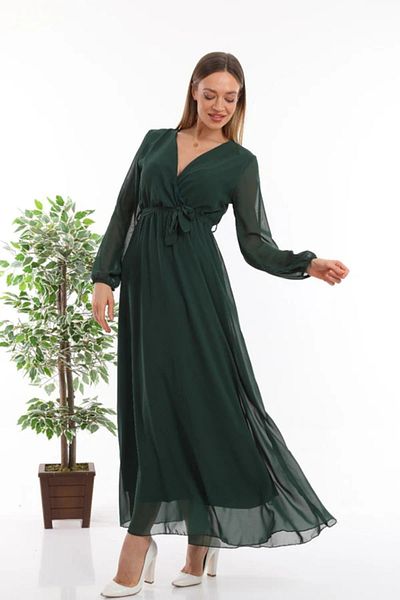 zks grup tekstil Green Double-breasted Collar Belted Plus Size Chiffon Dress
