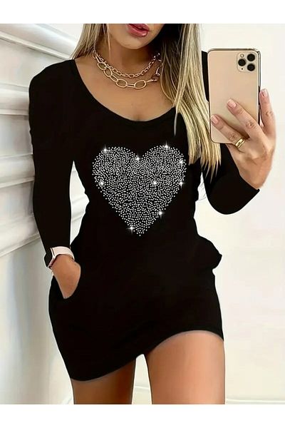 Miracle Omni Women's Long Sleeve Round Neck Rhinestone Heart Print Viscose Two Thread Dress