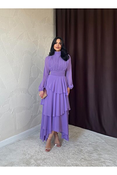 Afiş Butik Lila Şifon Kat Etekli Tül Kollu Piliseli Elbise
