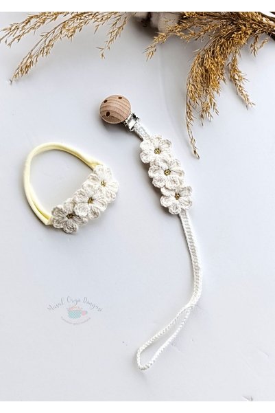Masal Örgü Dünyası White Glittering Daisy Pacifier Chain & Headband - Handmade Accessories Made of Natural Strings
