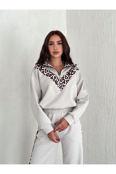 Velista Leopard Garnish Straight Neck Zip Scuba Fabric Tracksuit Suit