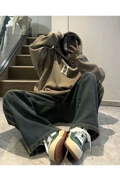 KOTOLOG Πράσινη απόχρωση Loose Baggy Jean - Y2k Αναξιοπαθούντα ρίγα λεπτομέρεια Vinçega
