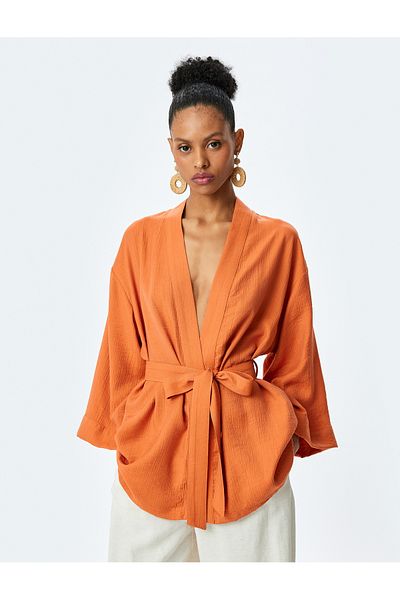 Koton Viscose Loose Fit Long Wide Sleeve Belted Shawl Neck Kimono