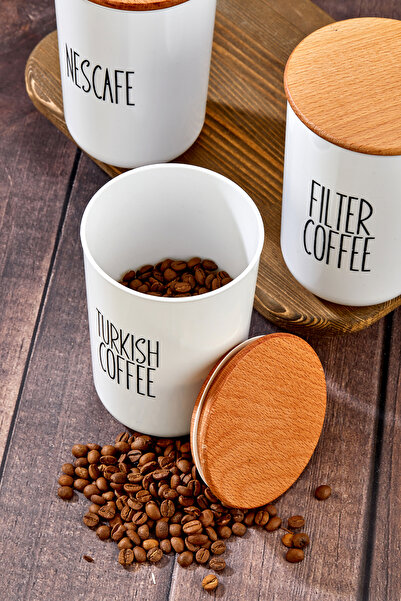 MODA OZY Turkishcoffe/Filtercoffe/Nescafe Acrylic Jar Set of 3 with 900ml Wooden Vacuum Lid - Transfer Label