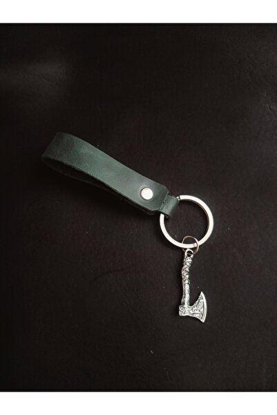 BSN Store سلسلة مفاتيح من الجلد الطبيعي باللون الأخضر الكاكي مع شكل فأس إسكندنافي