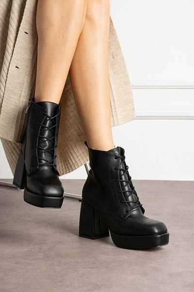 ShoeTek Γυναικείες μπότες Larinka Χοντρό τακούνι με κορδόνια μαύρο δέρμα
