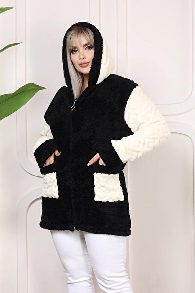 memetti m şekil Women's Plus Size Sleeves Patterned Zippered Hooded Soft Plus...