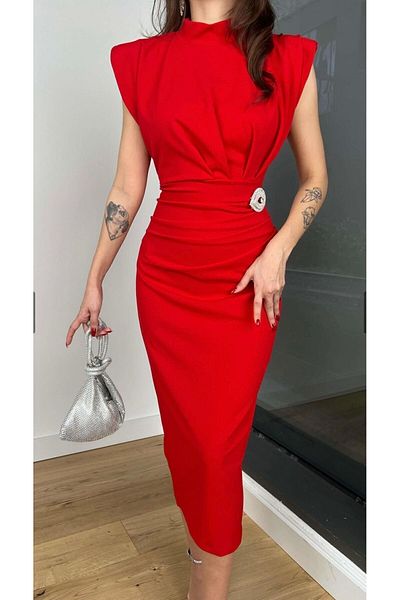 WoolnClyde Women's Shoulder Padded Brooch Detailed Bat Sleeve Draped Midi Evening Dress