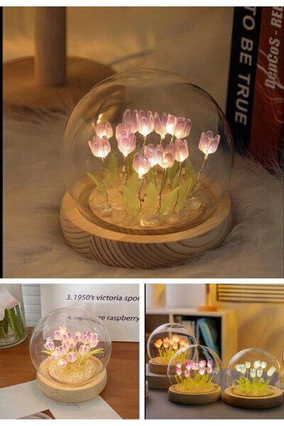 Lexi Bella Dekoratif Hediye 11 Ledli Mor Laleler Cam Küre Gece ve Masa Lambas...