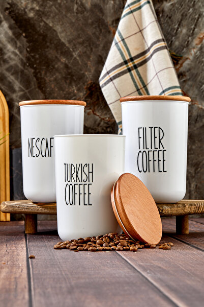 MODA OZY Turkishcoffe/Filtercoffe/Nescafe Acrylic Jar Set of 3 with 900ml Wooden Vacuum Lid - Transfer Label