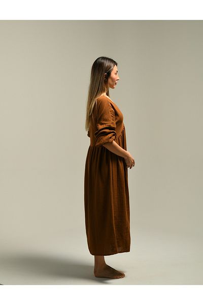 Tfifty Καφέ μακρυμάνικο φόρεμα Bohemian με λαιμόκοψη V
