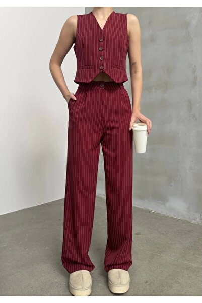 asfamoda Ženske Prugasto bordo hlače sa punim krojem, Visok struk širokih pal...