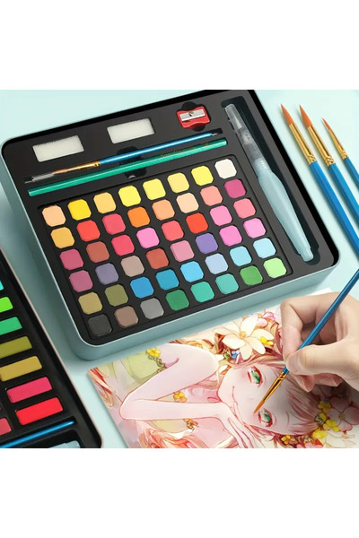 Art Tone Metal Kutuda Profesyonel Tablet Sulu Boya Seti 48 Renk ve Kağıt Fırça Kalem Aksesuar Hediyeli Paket