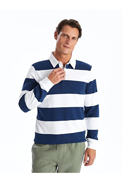 LC Waikiki Lcwaikiki Classic İndigo Polo Yaka Uzun Kollu Çizgili Erkek Sweatshirt