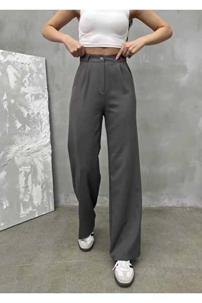 asfamoda Kadın Antrasit Tam Kalıp Bel Oturtmalı Yüksek Bel Geniş Paça Palazzo...