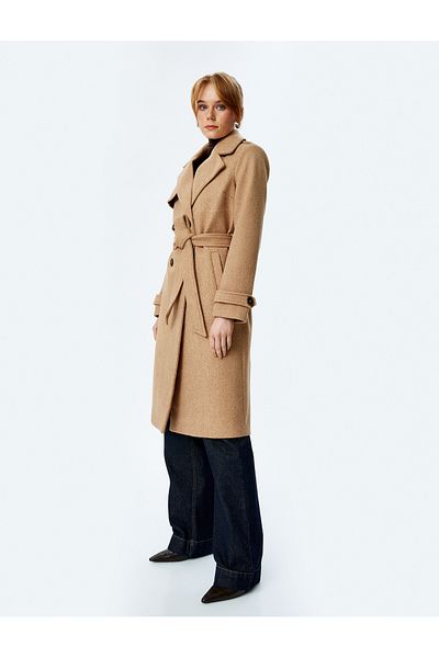 Koton Pocketed Buttoned Double Breasted Belt Detailed Long Stamp Coat