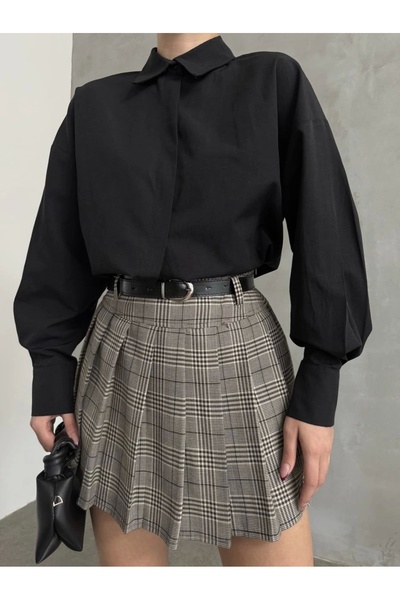 asfamoda Női szürke kockás bélelt rövidnadrág övvel redőzött mini rövidnadrág szoknya