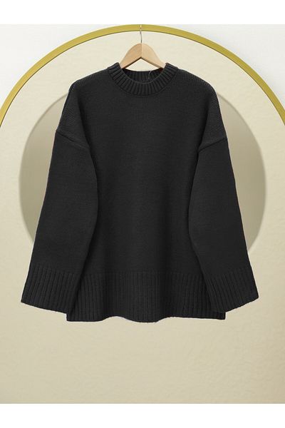 Modamorfo Crew Neck Skirt Ribbed Loose Knitwear Sweater -Black