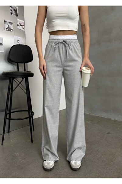 asfamoda Kadın Gri Çizgili Çift Bel Detaylı İp Bağlamalı Bol Paça Palazzo Pan...