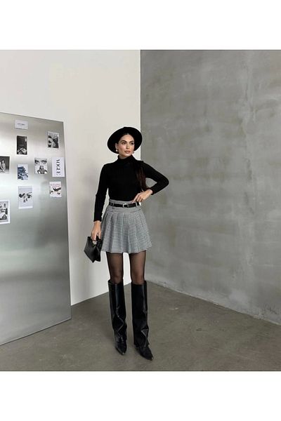 Asfa Moda Pantaloni scurți căptușiți cu carouri gri pentru femei, cu fustă mini cu pliuri cu curea