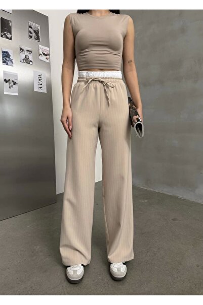 asfamoda Γυναικείο παντελόνι Palazzo με ρίγες βιζόν με λεπτομέρεια διπλής μέσ...