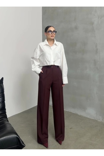 asfamoda Kadın Vişne Tam Kalıp Bel Oturtmalı Yüksek Bel Geniş Paça Palazzon Pantolon