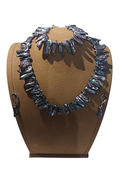 AYTENS TAKI Doğal Siyah Barok İnci Kolye Bileklik Küpe Set