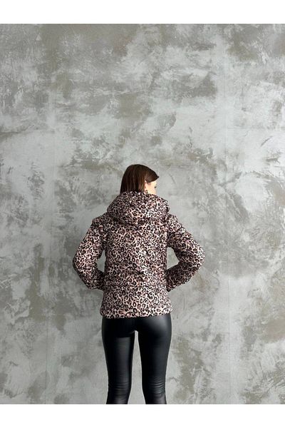 Zeliza Moda Evi Leopard Pattern Hooded Women's Puffer Jacket with Zipper Pockets