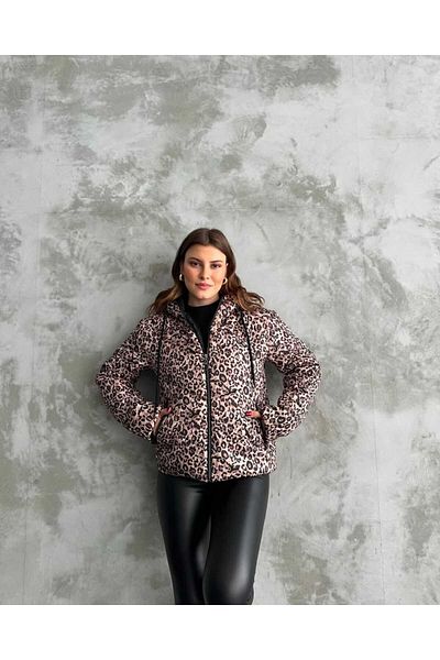 Zeliza Moda Evi Leopard Pattern Hooded Women's Puffer Jacket with Zipper Pockets