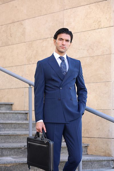 AEK FIORE Men's Navy Blue Striped Double Breasted Suit