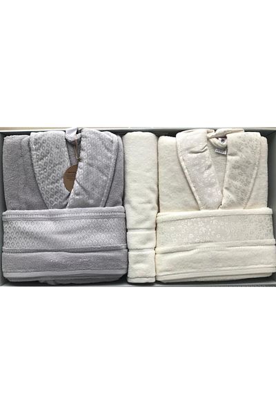Özdilek Οικογενειακό Σετ Μπουρνούζι Camellia Grey Cream - Χαλάκι μπάνιου 4542
