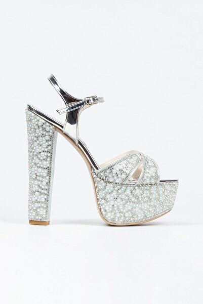 DARUGA حذاء نسائي بكعب عالٍ وكعب عالٍ مفتوح من الخلف مزين باللؤلؤ