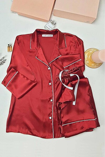 Farya Home Faryanight Silk Satin Long Sleeve Ribbed Button Shirt Pajamas Set