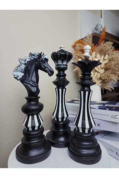 Artceal Dekoratif Büyük Boy (40CM) Polyester Beyaz Detaylı Siyah 3'lü Set Satranç Biblo Takımı