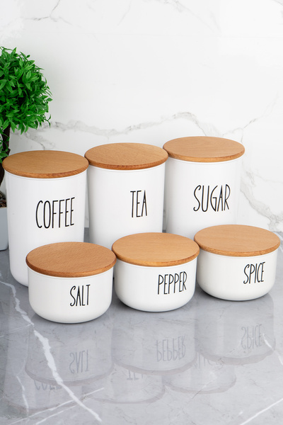 MODA OZY Set of 6 Acrylic (Plastic) Jars with Wooden Lids 900Ml/400Ml with Transfer Labels