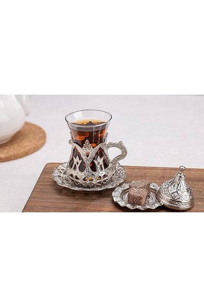 KT HOME Ottoman Metal Tea Cup Set with Spoon - Traditional Turkish 6 Pieces Zemzem Fır