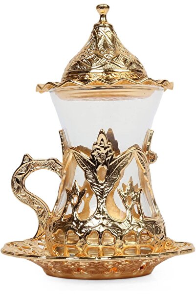 KT HOME Çay Seti Osmanlı Kaşıklı Çay Döküm Metal Türk Çay Bardağı Seti Geleneksel Türk 6 Adet Zemzem Fır