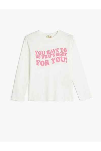 Koton Cotton Long Sleeve T-Shirt - Slogan Printed, Crew Neck