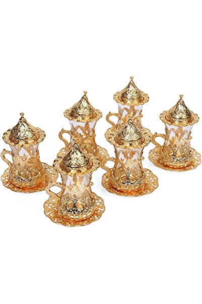 KT HOME Çay Seti Osmanlı Kaşıklı Çay Döküm Metal Türk Çay Bardağı Seti Geleneksel Türk 6 Adet Zemzem Fır