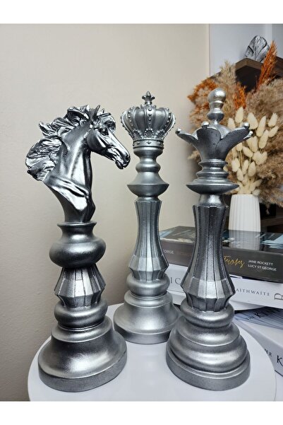 Artceal Dekoratif Büyük Boy (40CM) Polyester Metalik Gri 3'lü Set Satranç Biblo Takımı