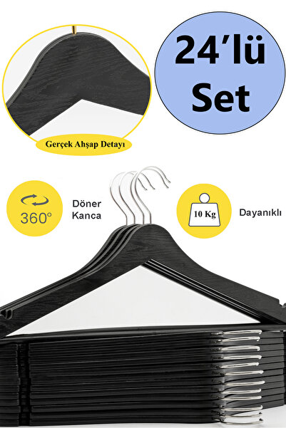 ARCH 24 Adet - Ahşap Görünümlü Plastik Siyah Elbise Askı