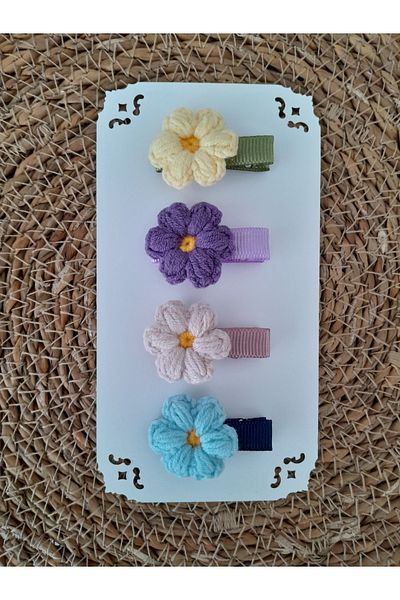 Accessories مجموعة إبزيم مشبك للأطفال والبنات منقوشة يدويًا على شكل ديزي ملون مكونة من 4 قطع