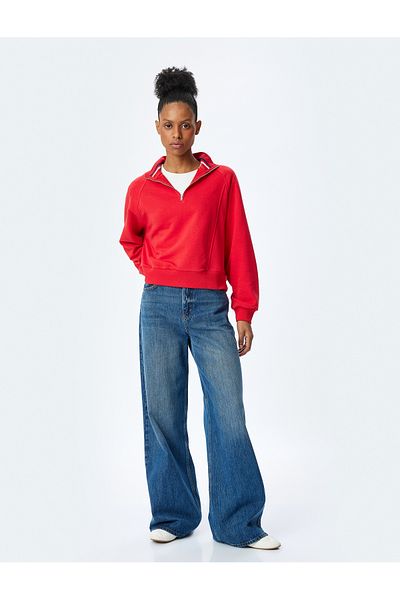Koton Three Thread Long Sleeve Stand Collar Half Zip Sweatshirt